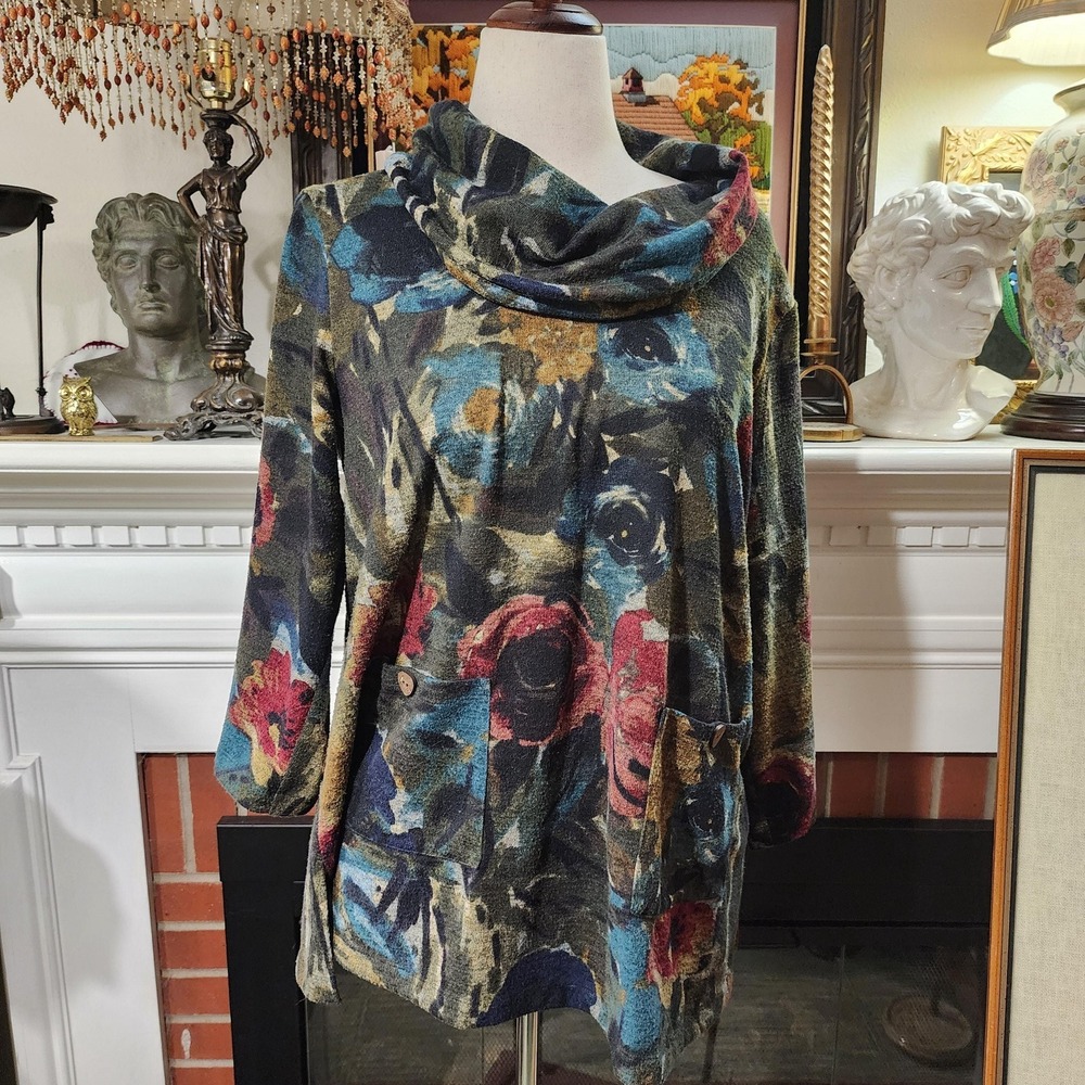 Ali Miles Womens Large Floral Cowl Neck Top Multicolor French Terry 3/4 Sleeve